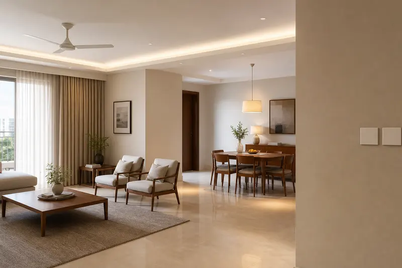 Accessible Indian apartment with low-height tactile controls and motorized curtains.