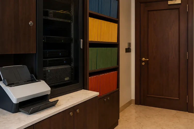 Hotel operations knowledge cabinet, scanner and private server.