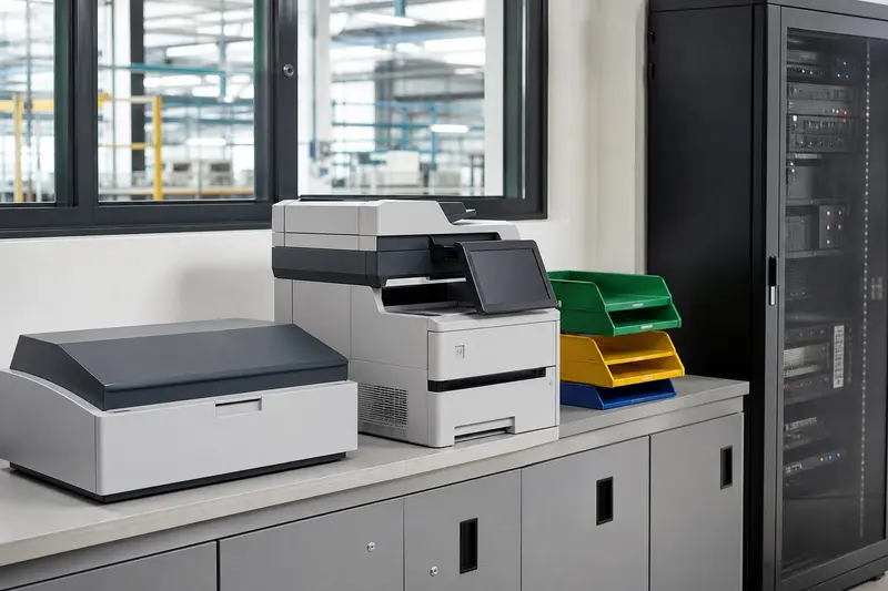 Manufacturing admin document-routing hardware and secure server rack.