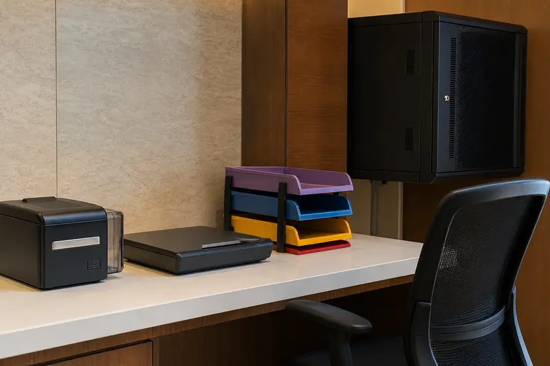 Hotel workflow station with blank encoder, scanner and wall cabinet.