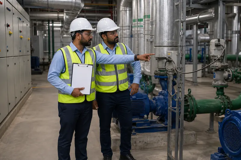 Two engineers conduct a PPE-compliant automation survey in a commercial plant room.