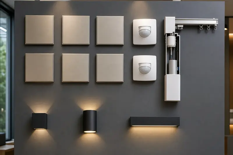 Design-studio mock-up compares blank tactile plates, sensors, curtain motor and lighting samples.