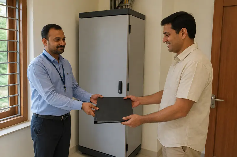 Commissioning engineer hands over a blank closeout binder beside a closed automation cabinet.