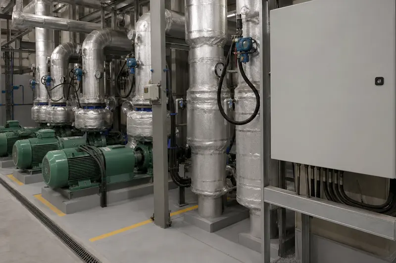 Mechanical plant combines pumps, insulated pipework, sensors and a local BMS enclosure.