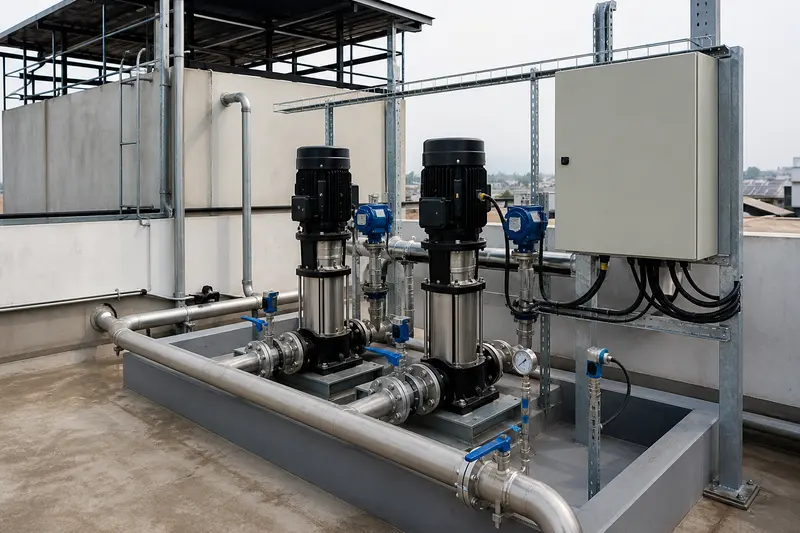 Rooftop water-booster plant shows automated pumps, pressure vessels and controls.