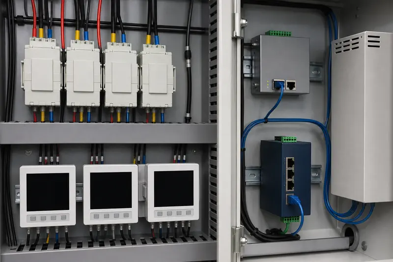 Building energy monitoring station overlooks distribution equipment with displays switched off.