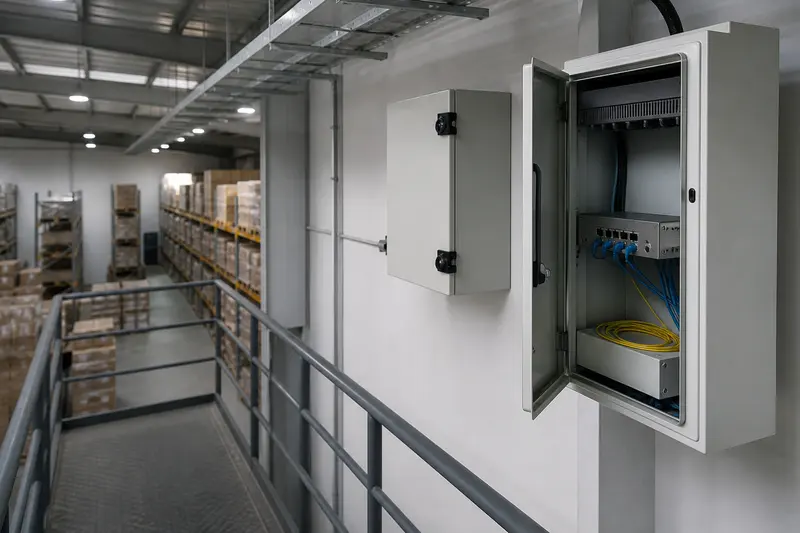 Warehouse mezzanine network cabinet and fibre distribution route.