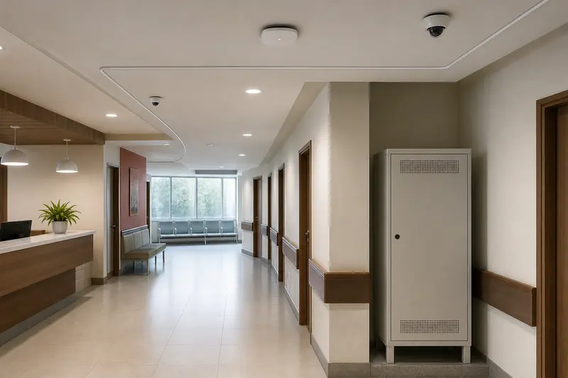 Clinic corridor network cabinet with ceiling wireless and security endpoints.