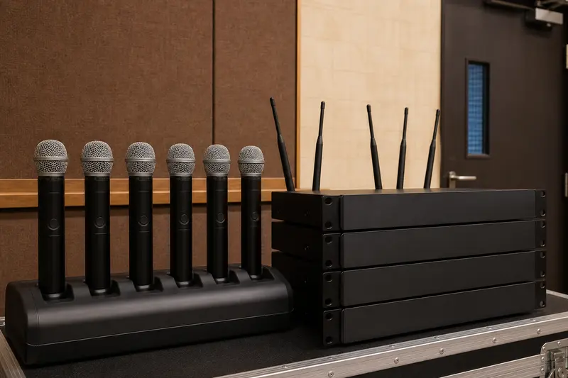 Six wireless handheld microphones charge beside blank auditorium receivers.