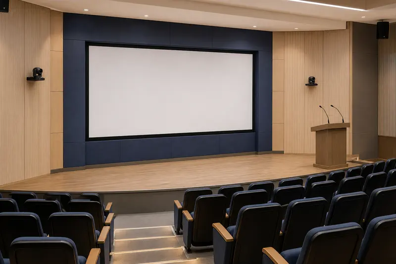 Hybrid training auditorium combines two PTZ cameras, ceiling audio and lectern microphones.
