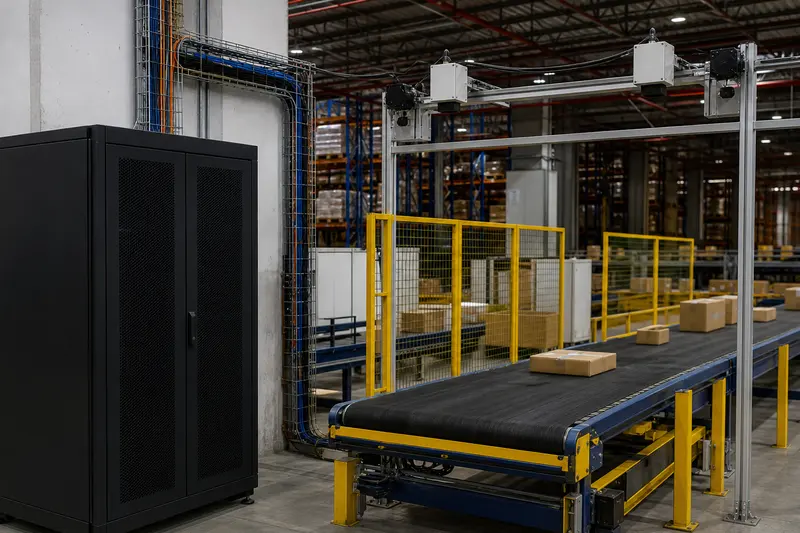 Distribution-centre conveyor inspection zone with closed edge rack and overhead sensors.