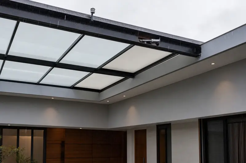 Rain sensor and concealed actuator automate a villa atrium skylight.