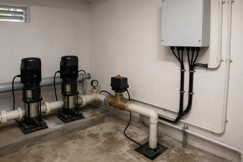 Custom pump-room controls coordinate twin boosters and a motorized shutoff valve.