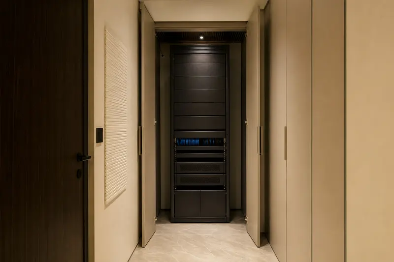 Concealed residential integration rack uses blank ventilated panels and managed cabling.