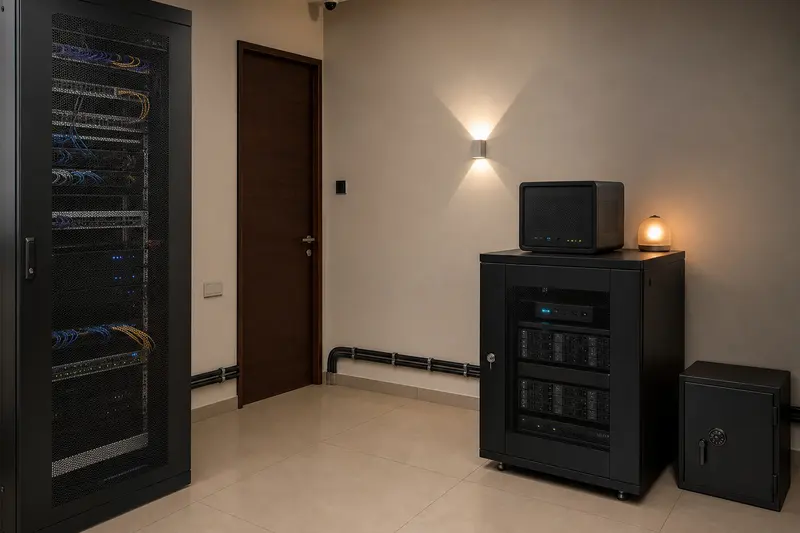 Separated primary rack, backup appliance and offline media safe.