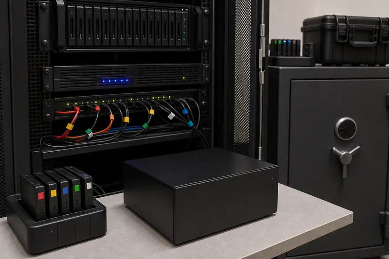 Restore-test bench with NAS, removable drives and protected media cabinet.