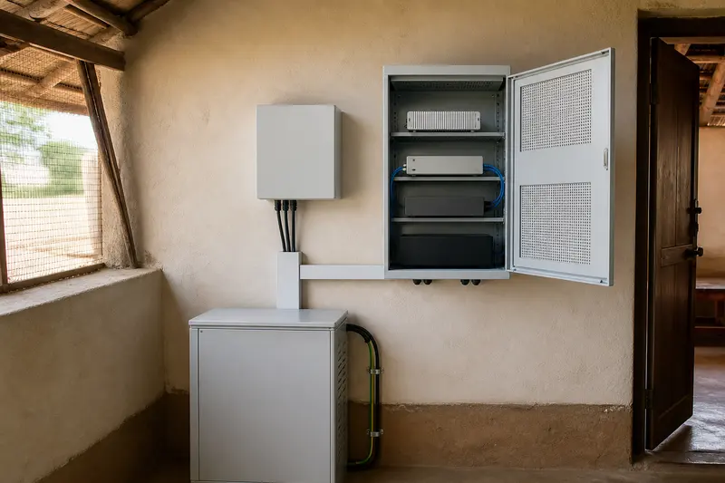 Solar-backed rural local NVR cabinet with blank modules.