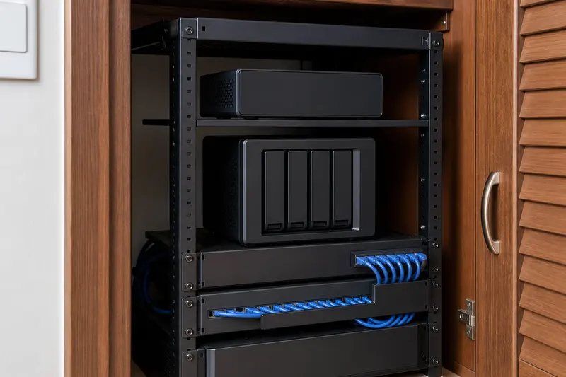 Home-lab local NVR and four-bay retention storage.