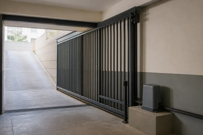 Basement sliding gate with rack drive, photocells and drainage.