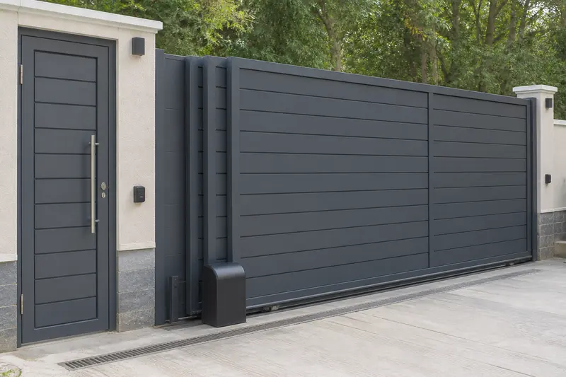 Telescopic three-leaf gate with separated pedestrian access.
