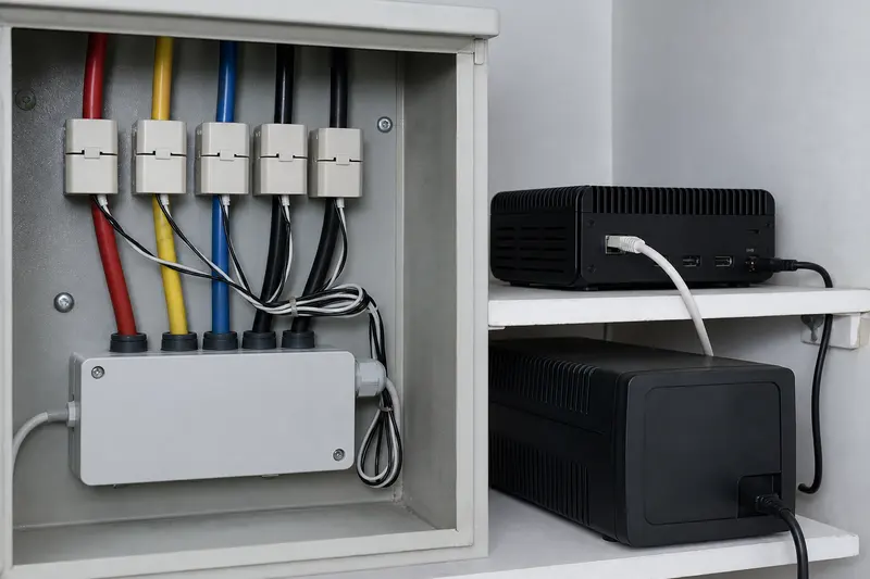 Local energy-monitoring installation pairs current transformers with an on-site mini PC and UPS.