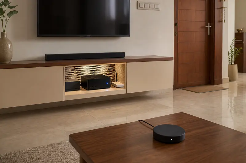 Local voice satellite operates beside an on-premises home-automation hub.