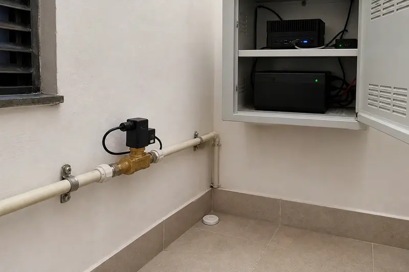 Leak sensor and motorized shutoff valve protect a utility room while compute stays elevated and separate.
