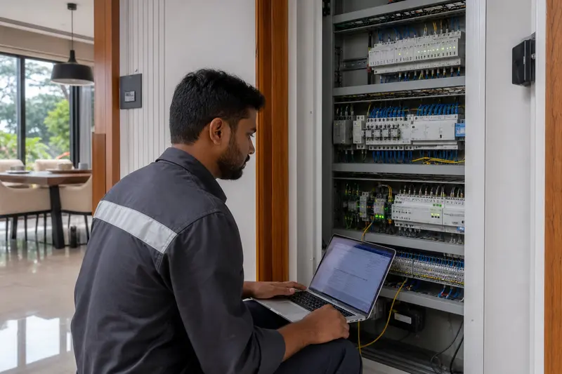 Indian technician commissioning a residential home automation panel with a laptop