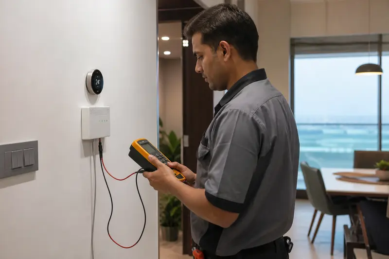 Indian technician testing a wall thermostat and HVAC control interface