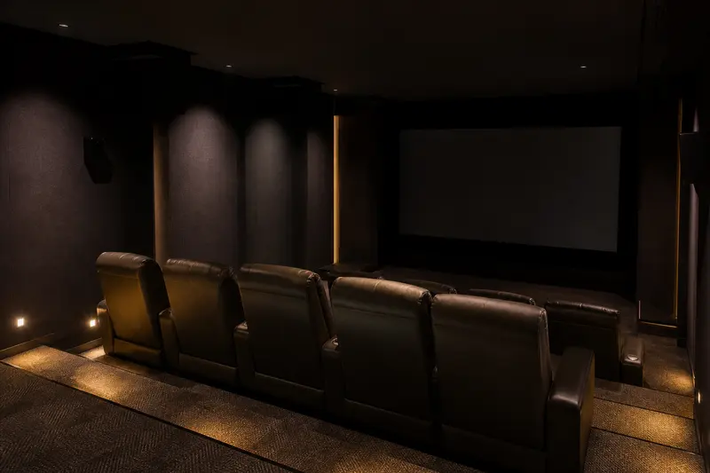 Low-level step and aisle lights create a safe glare-free path through a private cinema.