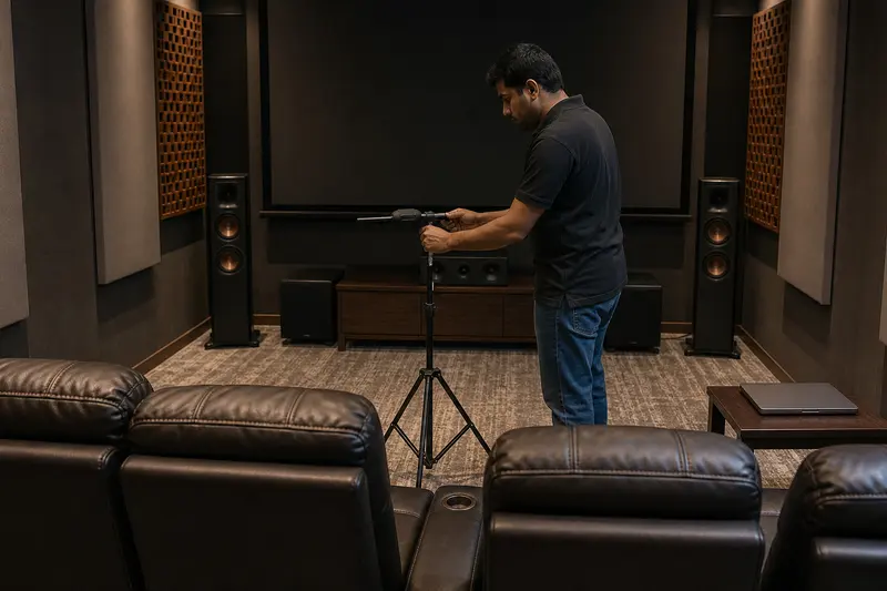 Audio engineer positions a measurement microphone at seated ear height.