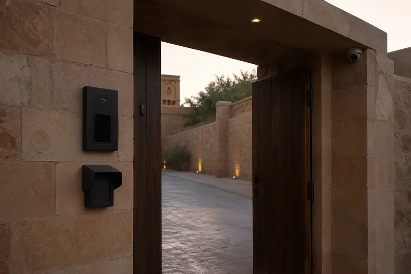Sandstone resort service gate with reader, intercom and CCTV.