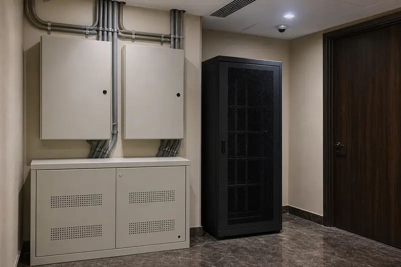 Closed access-control enclosures, network rack and concealed backup power.