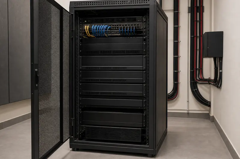 Back-of-house multi-zone audio rack with separated data and speaker cabling.