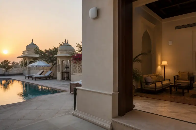 Resort pool and lounge wireless coverage across an indoor-outdoor boundary.