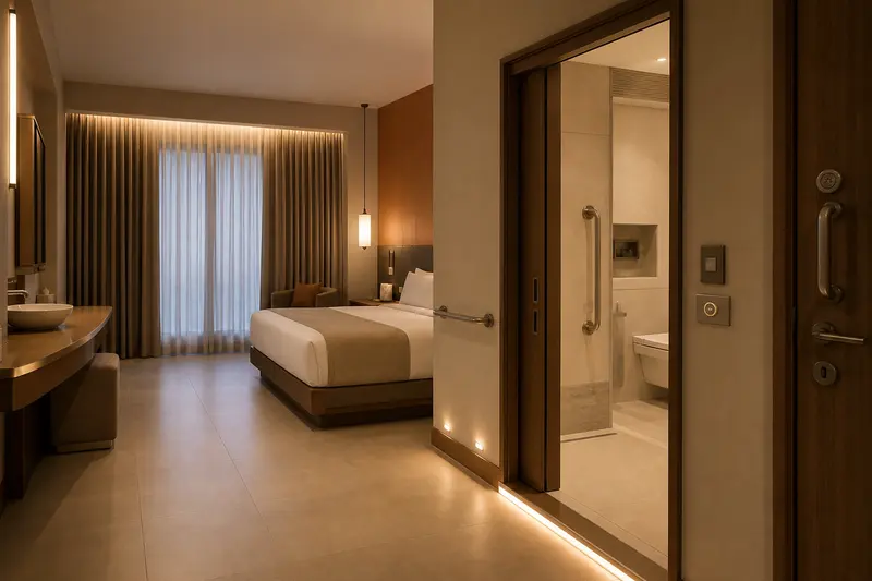 Accessible guest room with low controls and illuminated bathroom pathway.