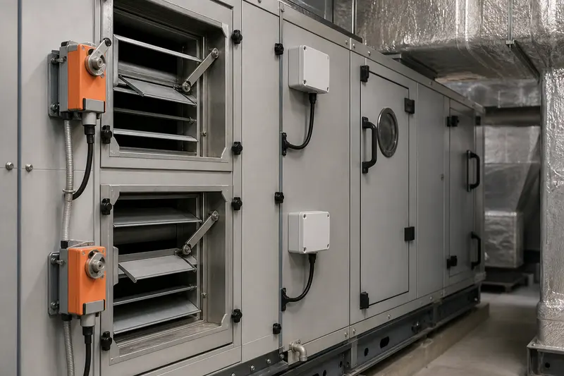 Air-handler section exposes dampers, actuators and sensors used for automated ventilation.