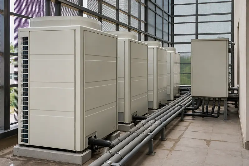 VRF outdoor units connect to a central integration interface in a service yard.
