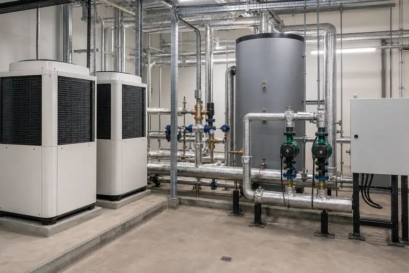 Heat-pump plant combines pumps, buffer vessel and sequenced controls.