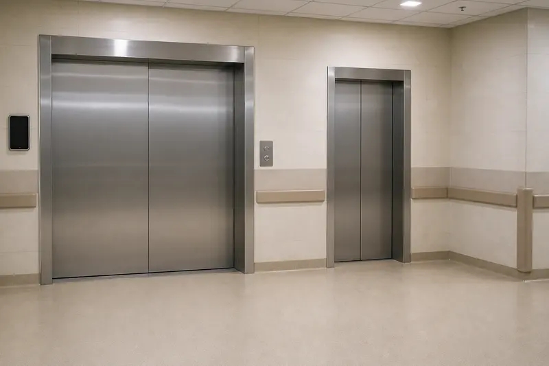 Hospital bed-lift lobby with access reader and separate call controls.
