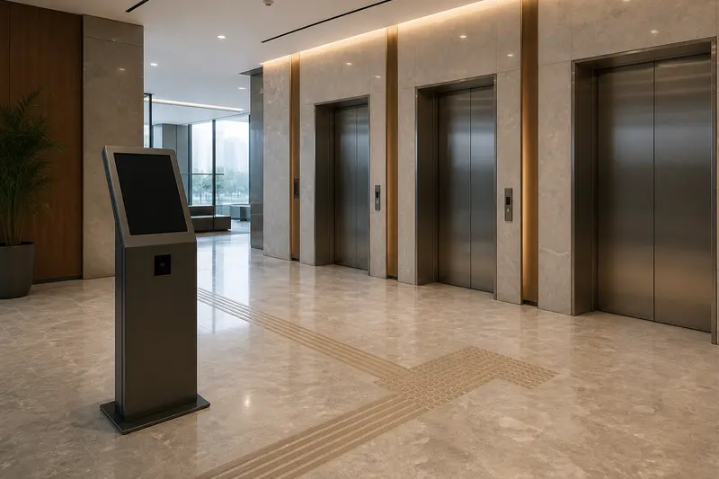 Destination-dispatch kiosk before a three-lift bank.