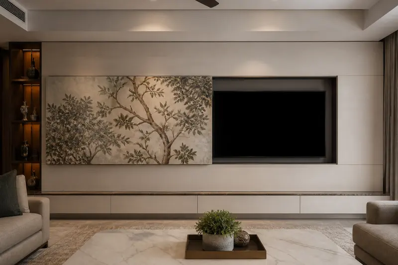 Motorized artwork panel slides aside to reveal a concealed television.