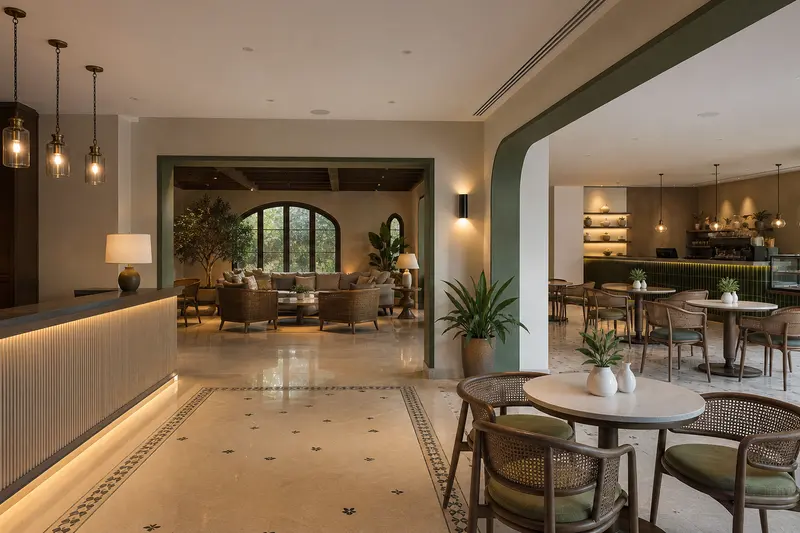 Boutique hotel lobby, lounge and cafe each receive discreet background-music coverage.
