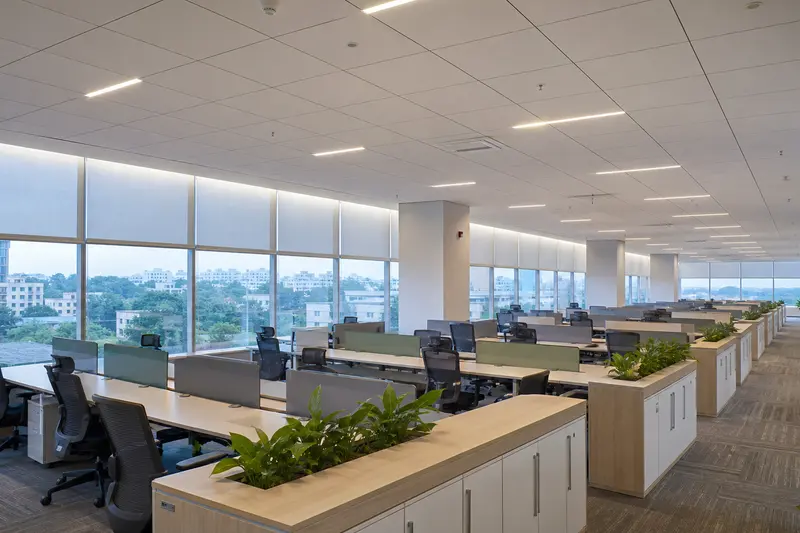 Daylight-linked open office coordinates motorized blinds, ceiling sensors and zoned lighting.