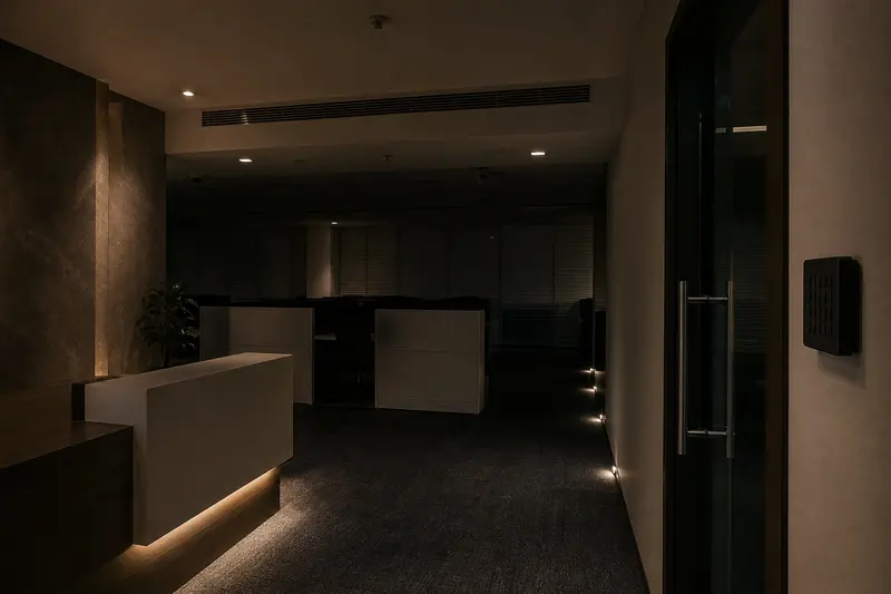 Empty office after last-person-out shutdown retains only safe-path lighting.