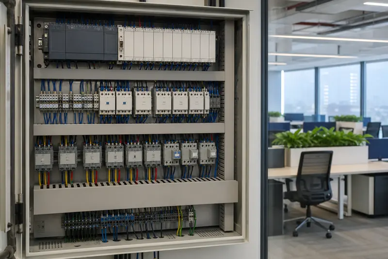 Office back-of-house automation cabinet integrates lighting, shading and room-control circuits.