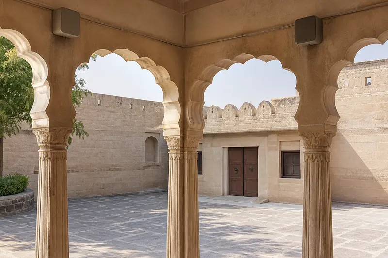 Heritage-sensitive courtyard audio below opposing arches.