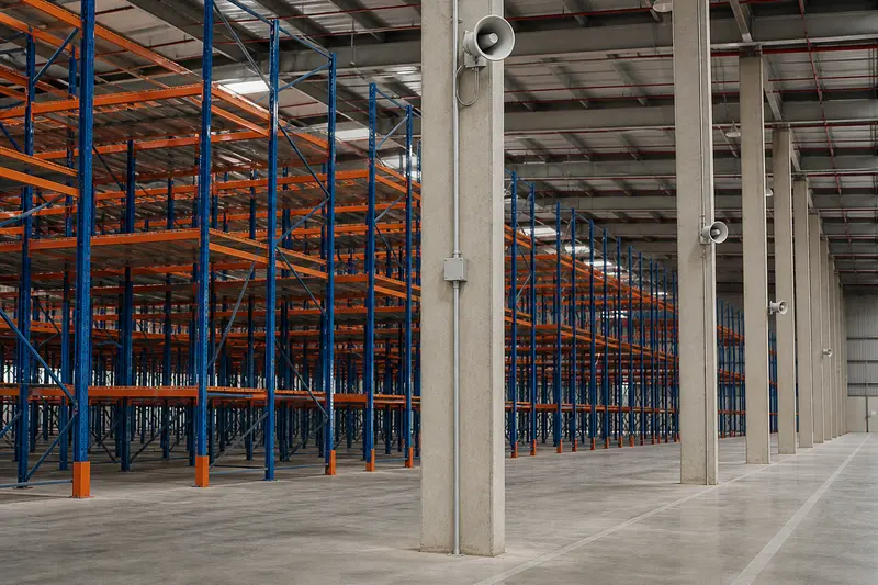 Column-mounted warehouse paging horns.