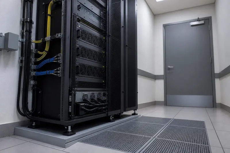 Private hospital AI inference rack with airflow and protected cabling.