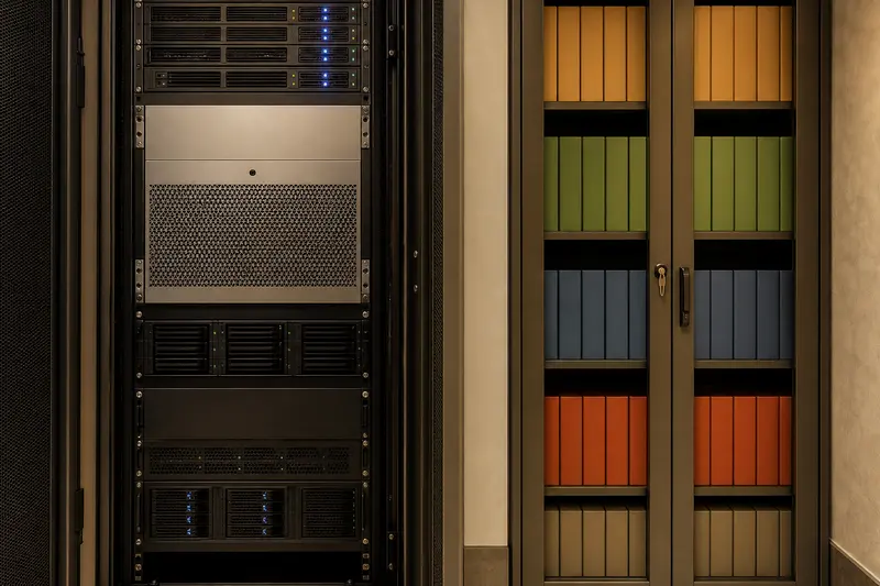 On-premises hotel AI rack beside controlled color-coded archives.